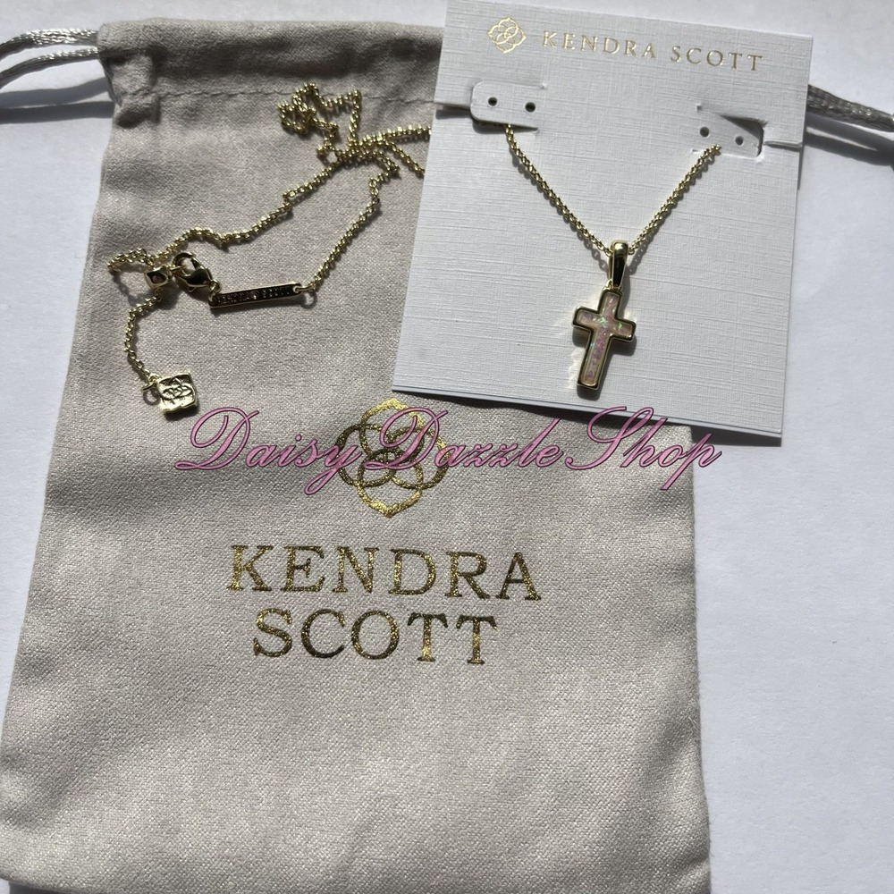 ✨Kendra Scott Cross Gold Pendant Necklace in White Kyocera Opal New ✨🕊️ - Picture 5 of 8